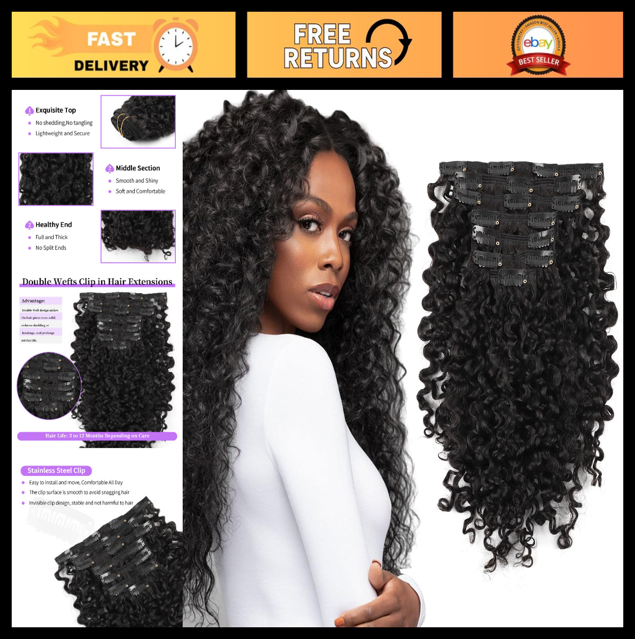 Curly Clip-In Hair Extensions – 22″ Natural Black, Thick & Soft, 120g, 7Pcs