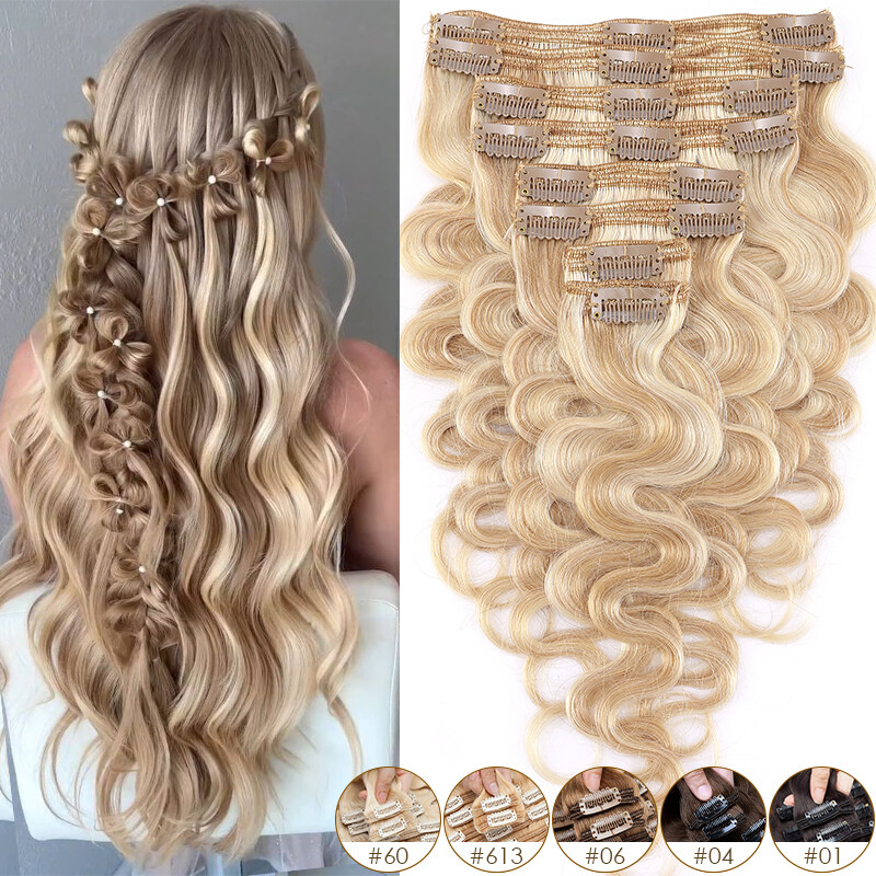Thick Wavy Double Weft Clip In Full Head Real Remy Human Hair Extensions 8PCS