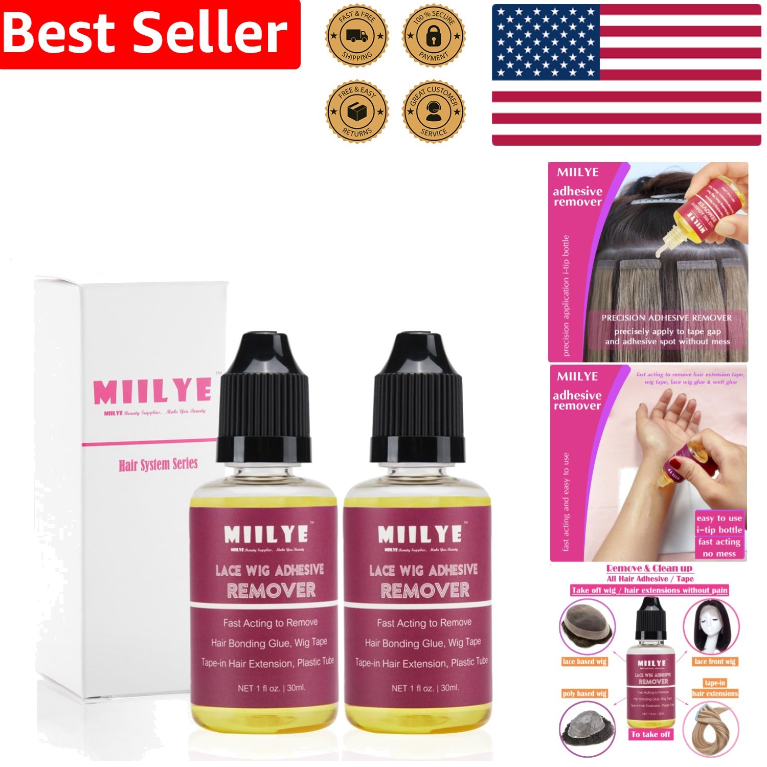 Powerful Wig Glue & Tape Remover 2 Fl Oz Bottles, Gentle Hair Adhesive Solvent