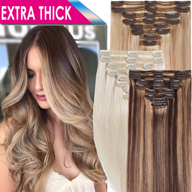 Balayage Thick Double Weft Clip In Remy Real Human Hair Extensions Full Head USA