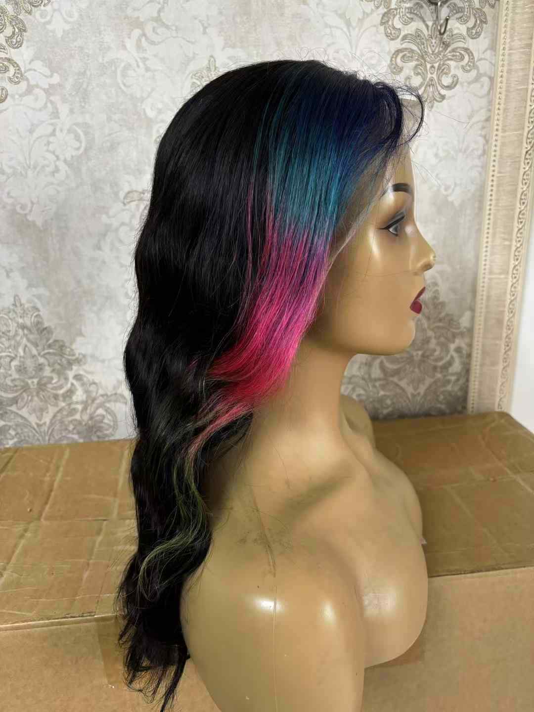 Long Wavy Black With Pink Blue Green Wig T Lace Front 100% Human Hair Wig Women