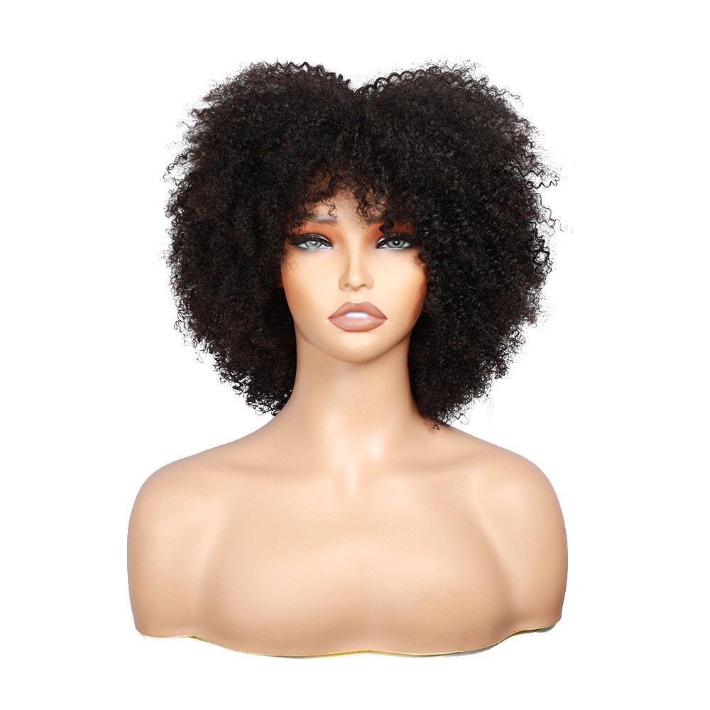 Afro Kinky Curly Wig with Bangs Full Machine Made 300% Density Human Hair Wigs