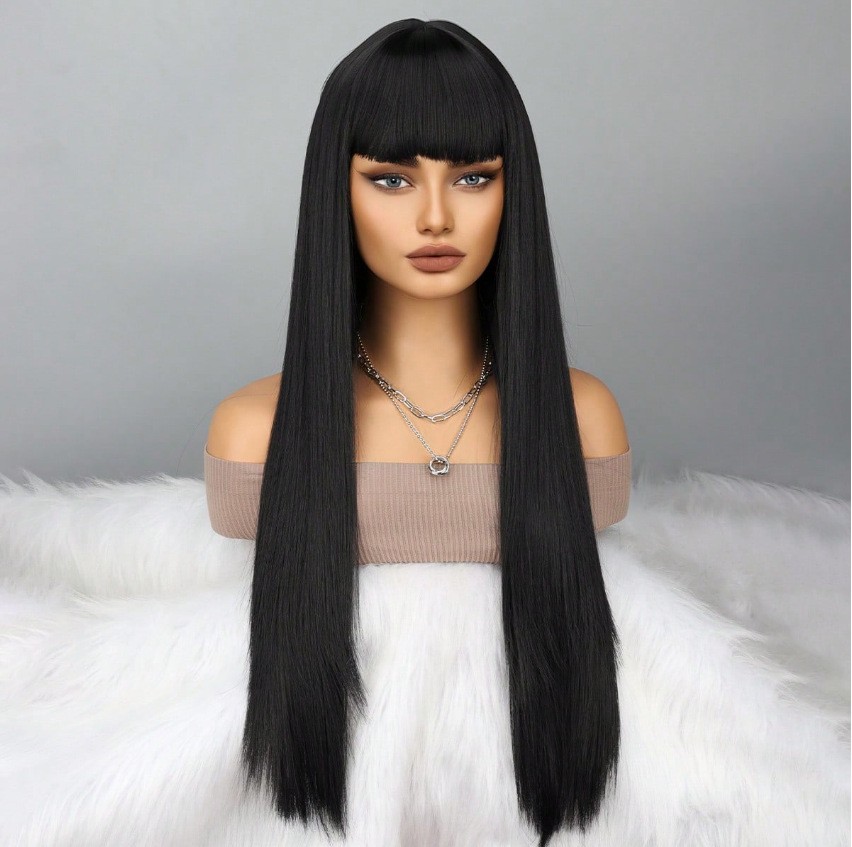Black Straight Long Wig with Bangs Heat Resistant Synthetic Rose Net Full Wig