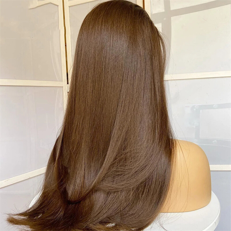Frontal Lace Wig Layered Pre Plucked Long Straight Heat Resistant Hair Brown