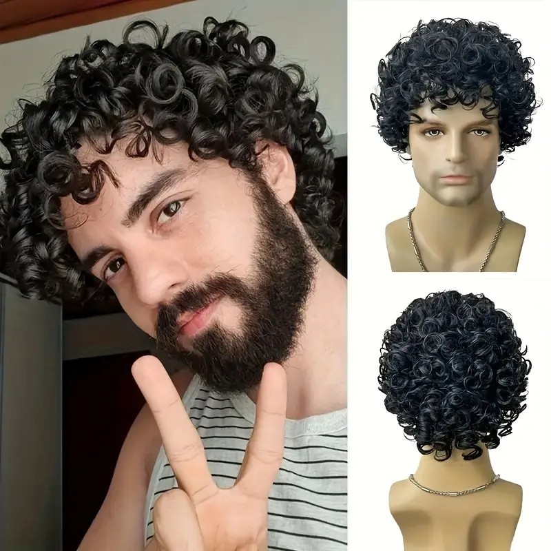 Mens Black Curly Wig African Short Beanie Hairpieces Male Universal Cosplay Wigs