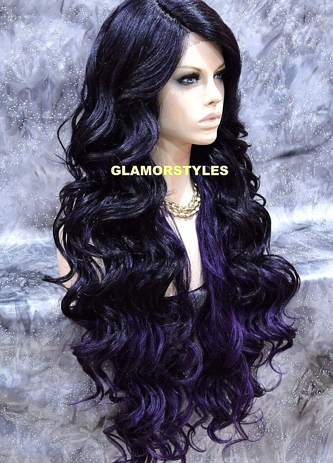 LACE FRONT FULL WIG EXTRA LONG LAYERED WAVY BLACK PURPLE MIX HEAT OK NWT