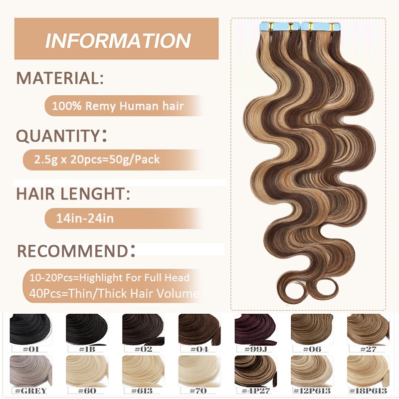 Glue Body Wave Tape In 100% Remy Human Hair Extensions Skin Weft Thick Highlight