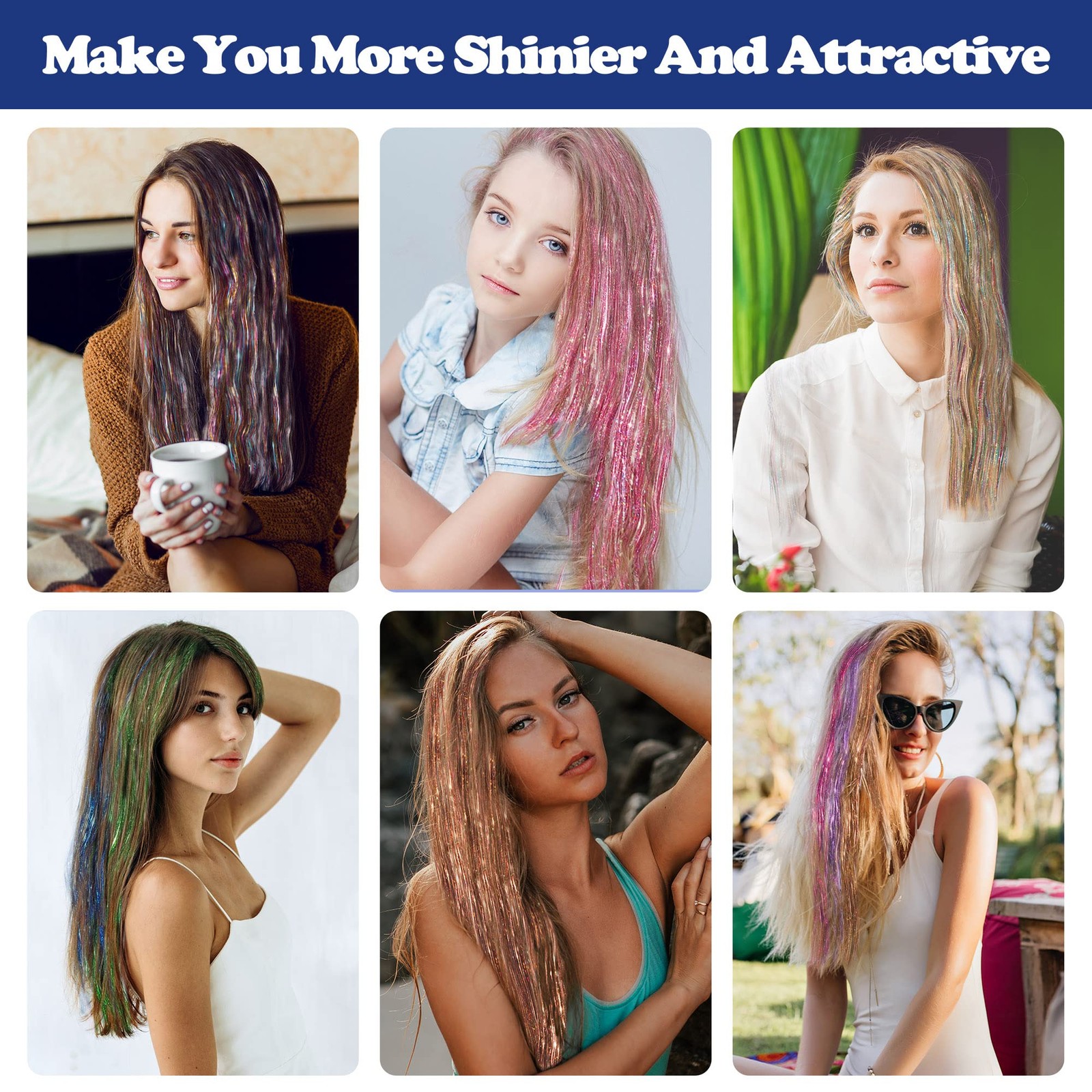 16 Colors Hair Tinsel Kit, 48 Inches 3300 Strands Tinsel Hair Extensions, Fai…