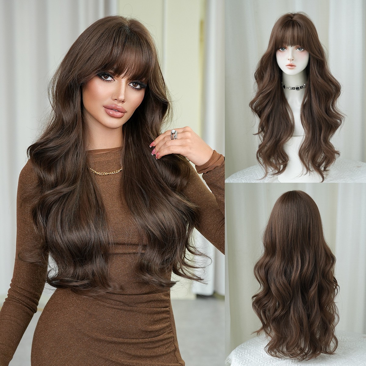 Honey Brown Big Wavy Long Curly Full Head Wig With Bangs Fluffy Natural