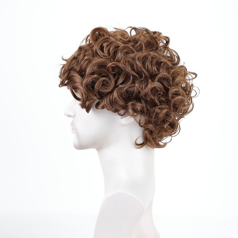Men’s 12in Short Curly Wig Brown Full Wig Cosplay Synthetic Heat Resistant