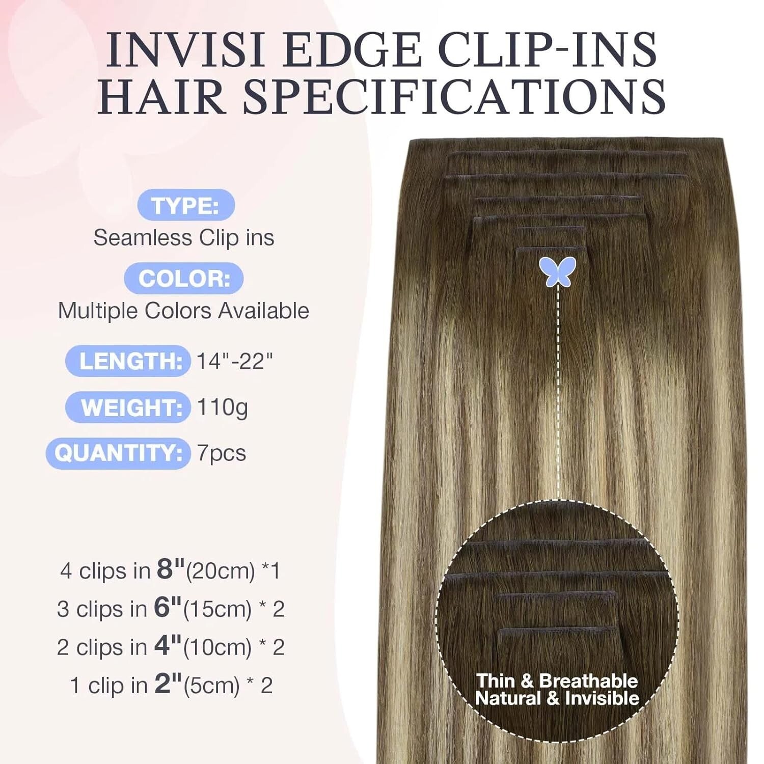 Invisi Edge Clip in Hair Extensions Real Human Hair 14 inch 110g 7pcs, Walnut Br
