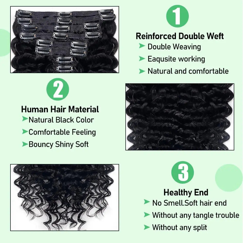 Deep Wave Clip in Hair Extensions Real Human Hair Curly 8Pcs Brazilian Remy Hair