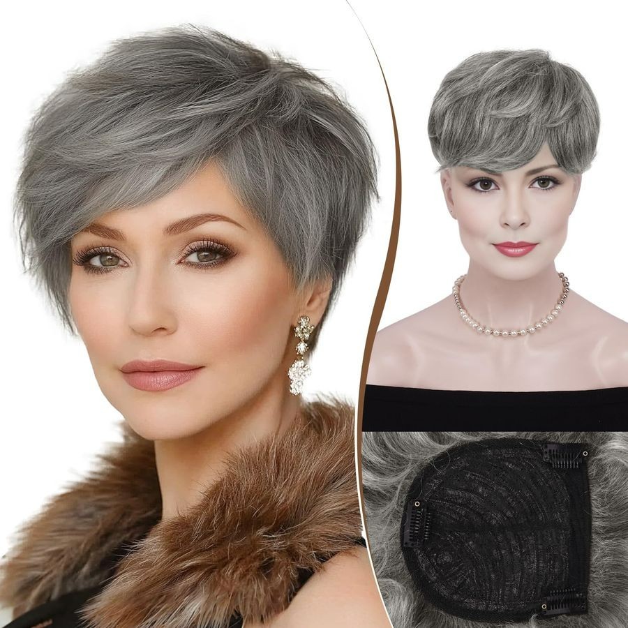 RUWISS Short Hair Toppers for Women Real Human Hair, 5×5.5 Base Pixie Cut with B