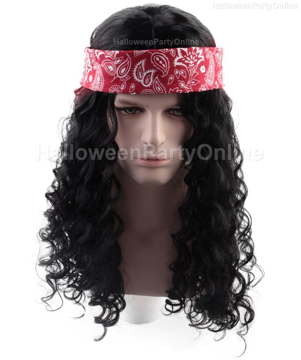 Men Cosplay Party Rock Star Black Wavy Curly Wig Headband Bandana Costume HM-036