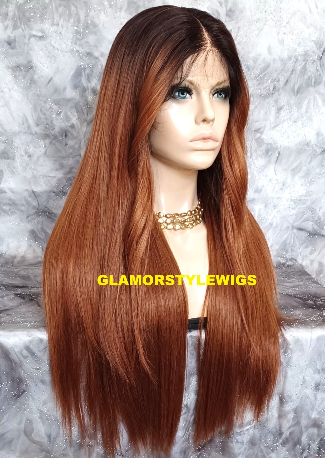 34″ LACE FRONT FULL WIG LONG STRAIGHT LAYERED OMBRE BROWN AUBURN MIX HEAT OK NWT