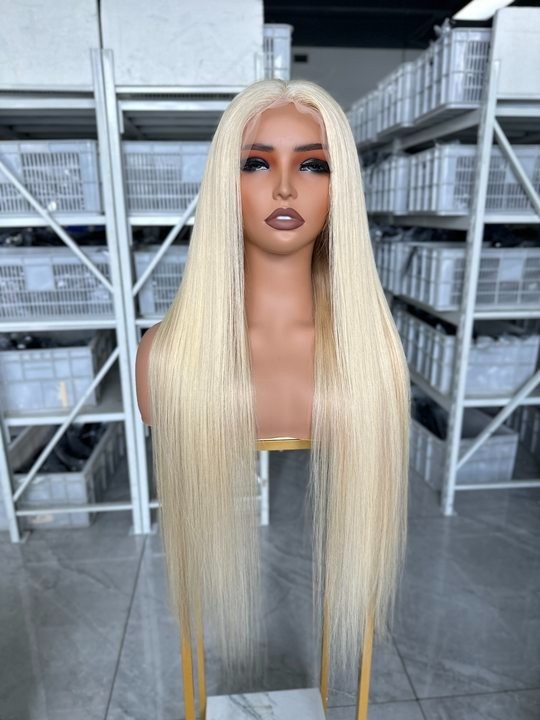 28inch 613#Blonde Silk Straight 100% Human Hair 13×4 Transparent Lace Front Wig