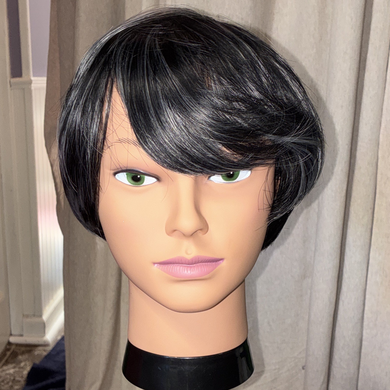 Short Bob Straight Synthetic Wig Black With Gray Highlights Wefted Cap Elastic