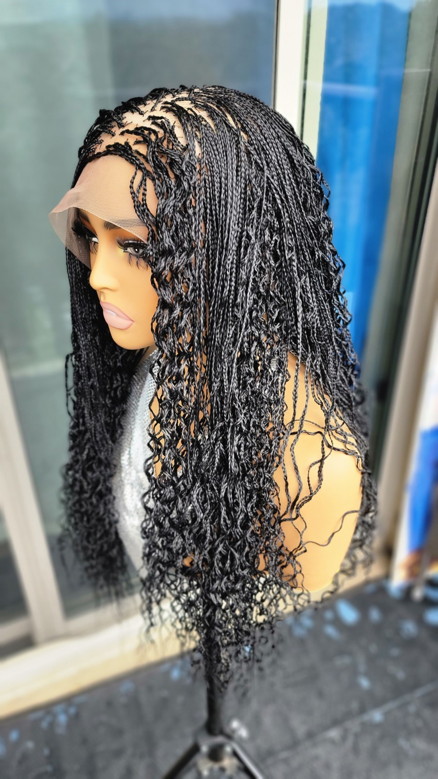 Braided Wig 22″ Micro Boho Braids Jet Black Full Lace Glueless Handmade Long NWT