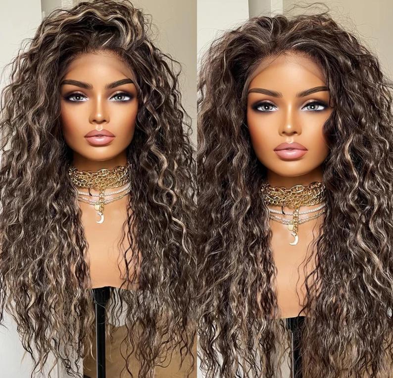 Dark Brown Curly Hair Lace Frontal Wig With Blonde Highlights Human Hair Wig