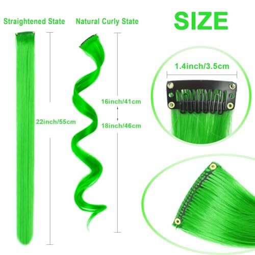 10 PCS Green Hair Extensions, Curly Wavy Synthetic Hairpieces Clip 10 PCS-Green