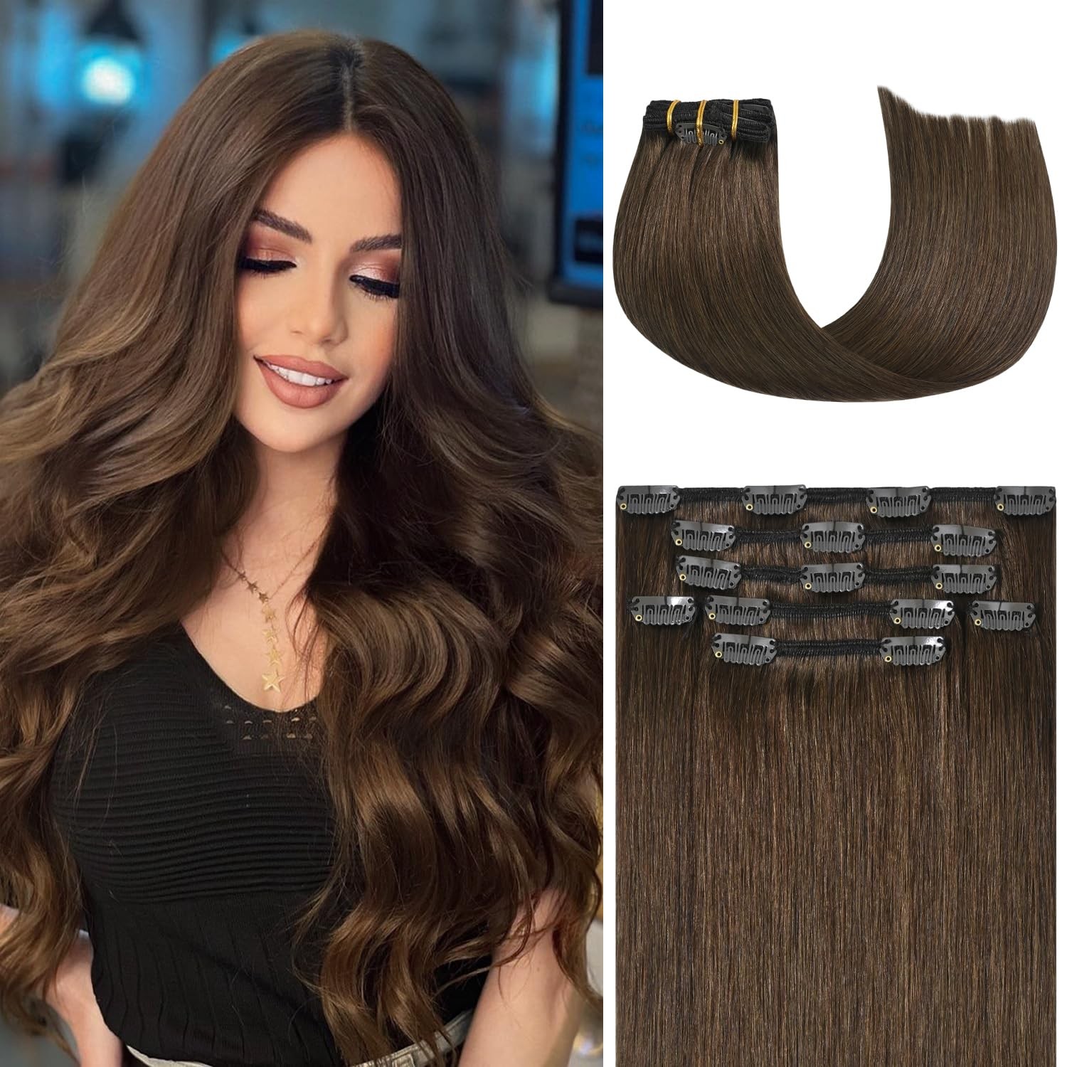 Brown Real Human Hair Clip In Hair Extensions Medium Brown 70g 7pcs 15in Silk…