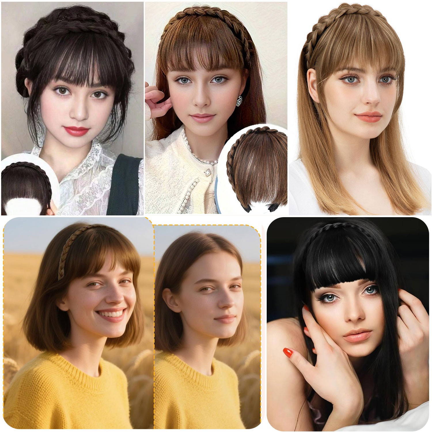 Xmas Braided Headband Hair Clip in Fringe Bangs Real As Human Hair Extensions US