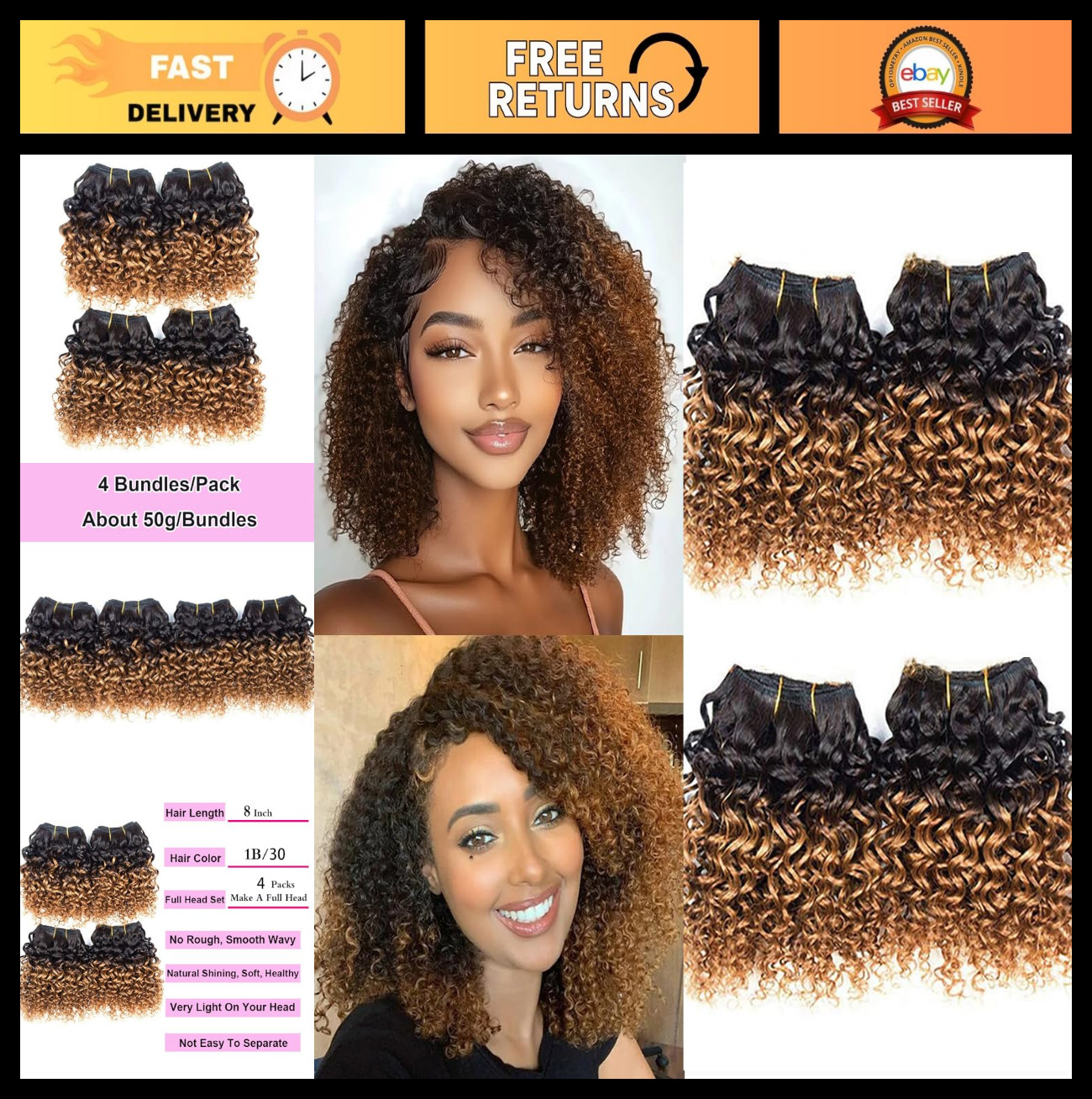 Kinky Curly Human Hair Bundles 4pcs Afro Weave 1B/30 Color 12A Virgin Hair