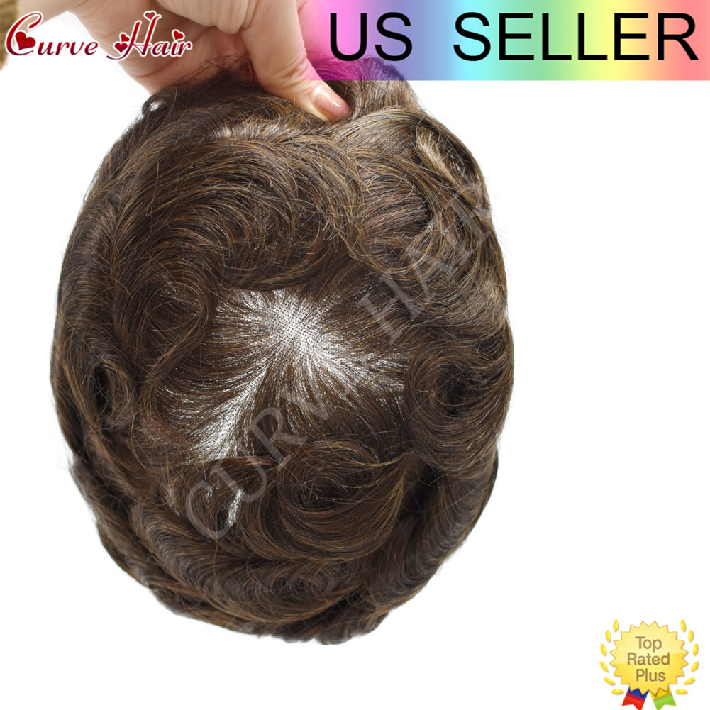 Mens Toupee Human Hair Replacement System French lace Front Thin Skin Hairpiece