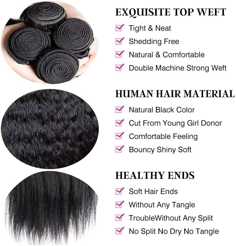 18-22″ Human Hair Kinky Straight 3x Bundles Yaki Straight 12A 100% Unprocessed