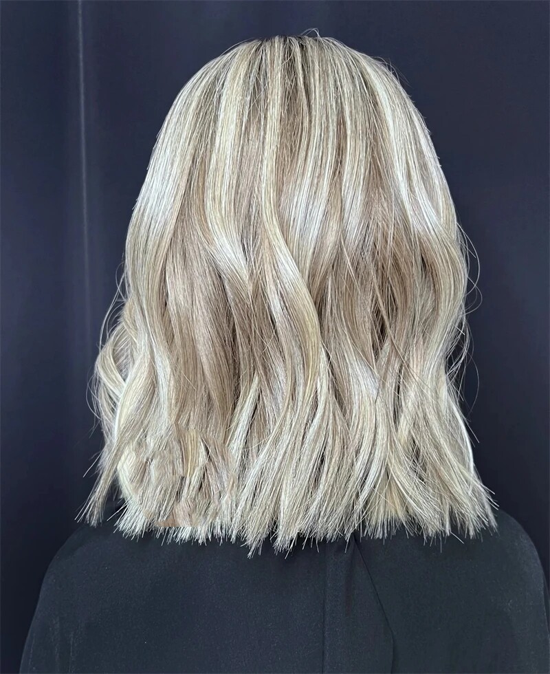 Short Bob Wave Ash Blonde Highlights Colored Remy Human Hair 13×4 Lace Front Wig
