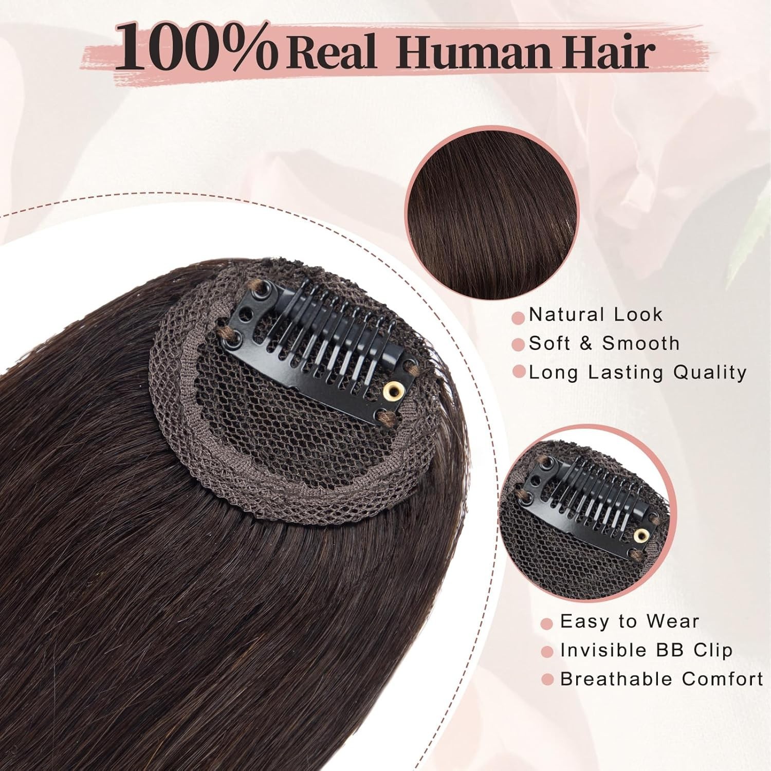 Dark Brown 100% Real Human Hair, Clip On French Curved Curtain Bangs Hairpieces