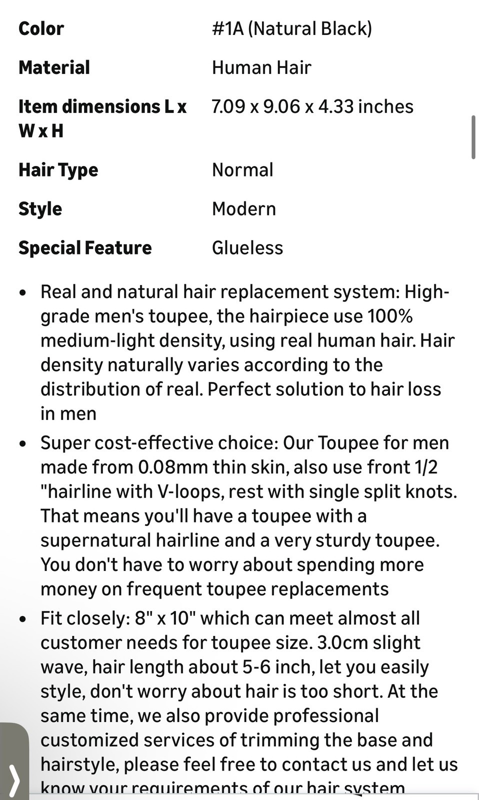 Lordhair Toupee, 100% Human Hair, 0.08 #1 Jet Black or #1B Natural Black