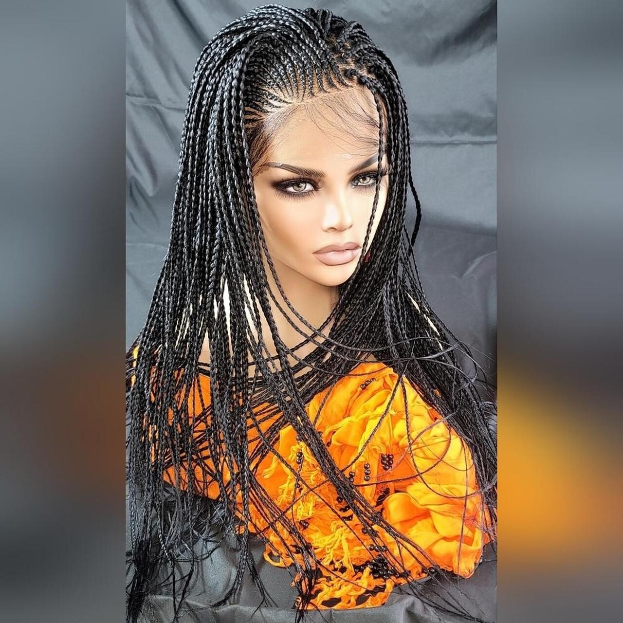 Braided Wig Full Lace Glueless Micro Braids Cornrows Jet Black #1 Handmade 24 in