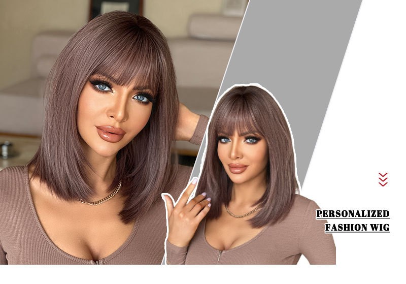 Pink Purple Straight Wig with Bangs Heat-Resistant Layered Synthetic Hair 17″