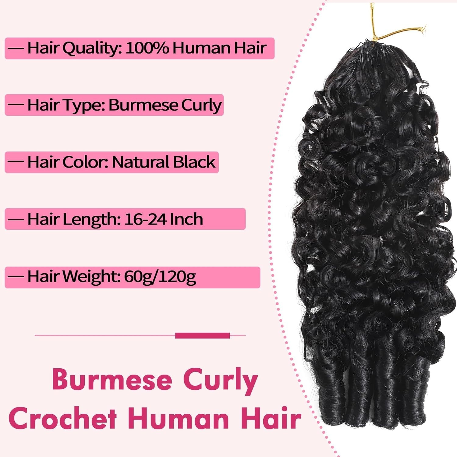 Soft 16″ Remy Curly Human Hair Crochet – Lightweight Burmese, Knotless, Reusable