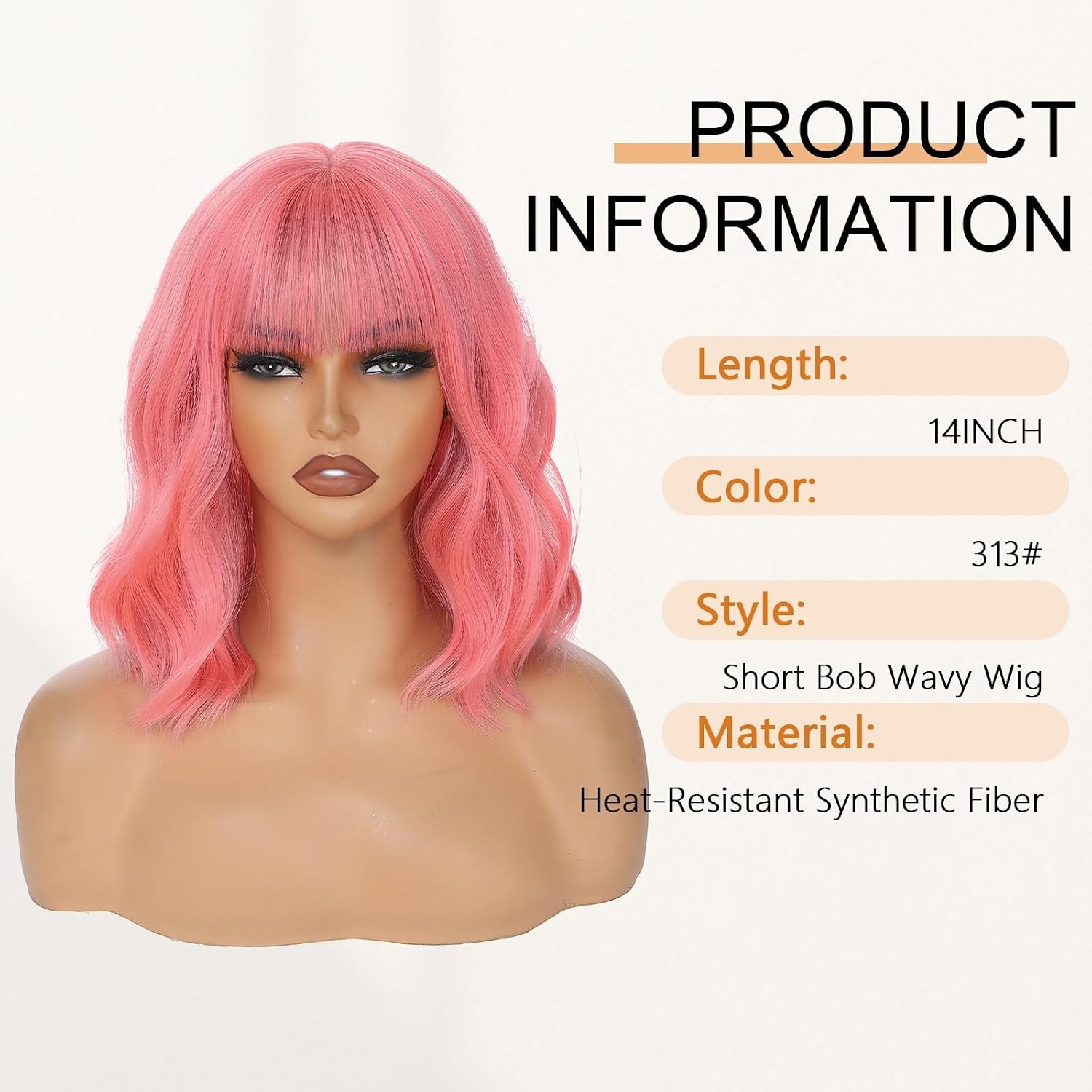 Pink Wigs Short Wavy Hair Pastel Bob Wig with Bangs Shoulder Length Synthetic Wi
