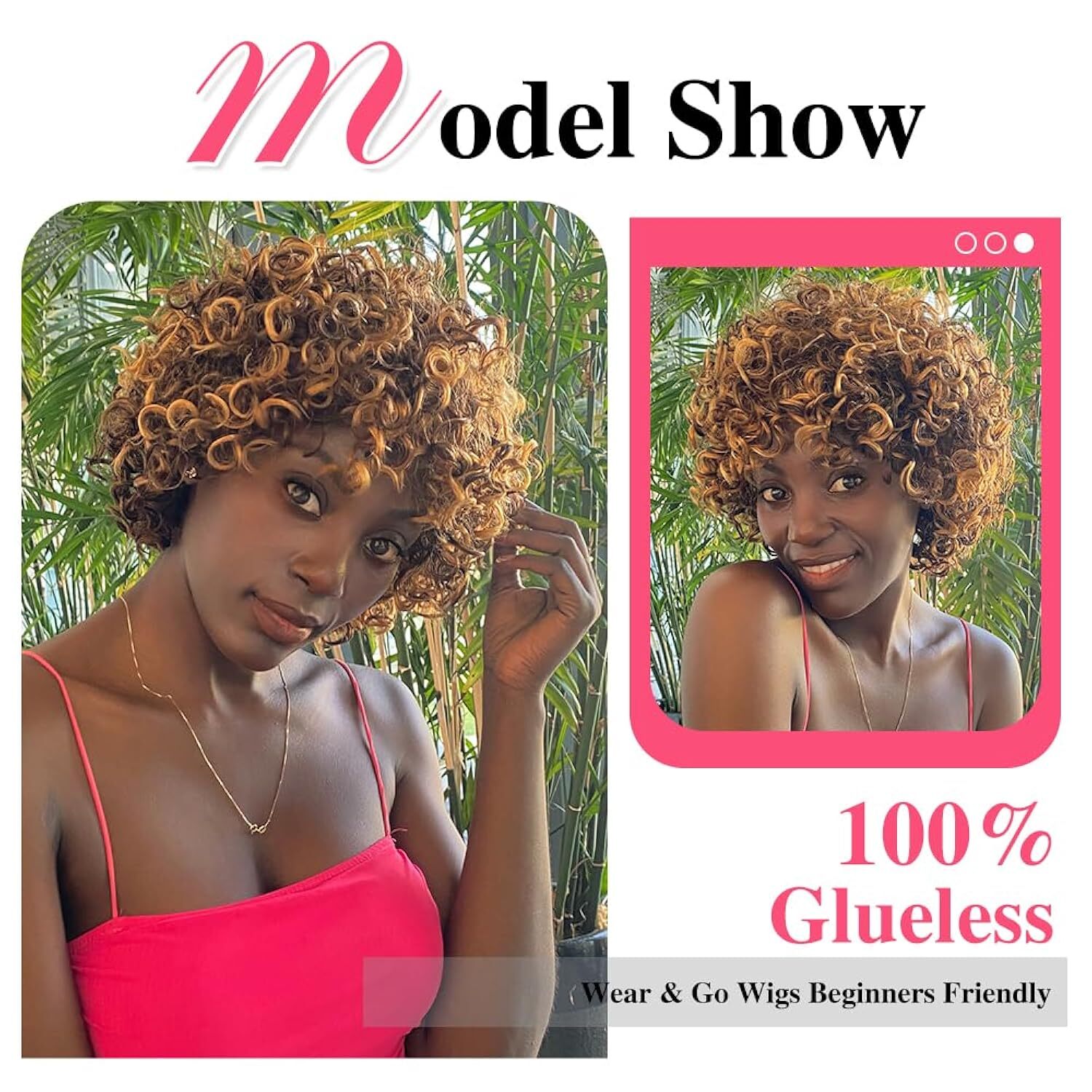 8 Inch Highlight Brown Curly Wig with Bangs, Glueless, Brazilian Hair