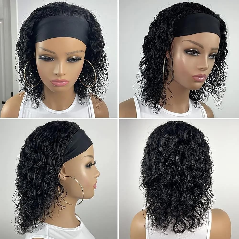 12”Water Wave Headband Human Hair 150% Density Afro Wigs for Black Natural C…