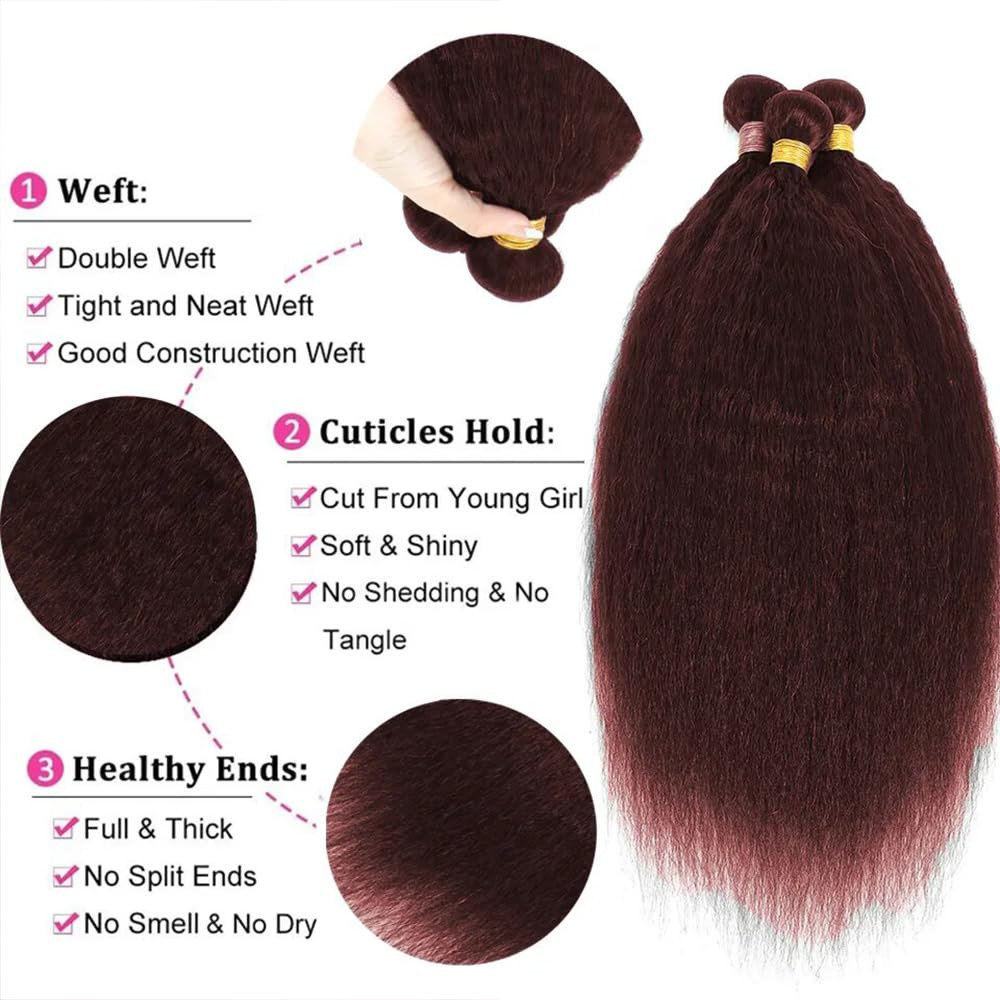 Color 33 Auburn Yaki Straight Bundles Human Hair Reddish Brown Kinky Straight