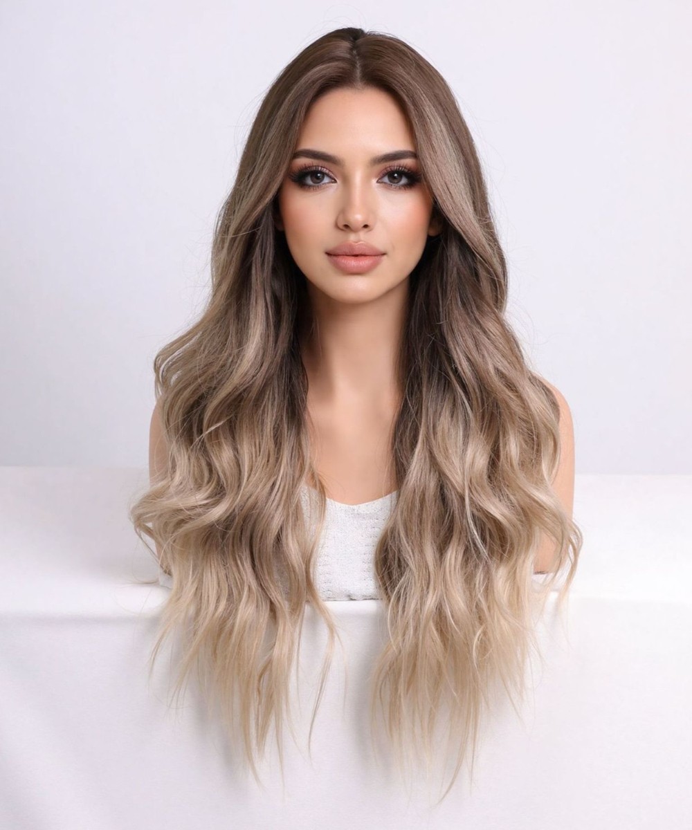 26in Brown to Golden Blonde Ombre Long Wavy Wig Heat Resistant Synthetic Cosplay
