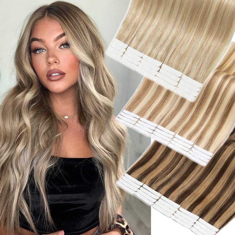 10-80PCS THICK Tape In Russian Remy Human Hair Extensions Skin Weft Blonde White