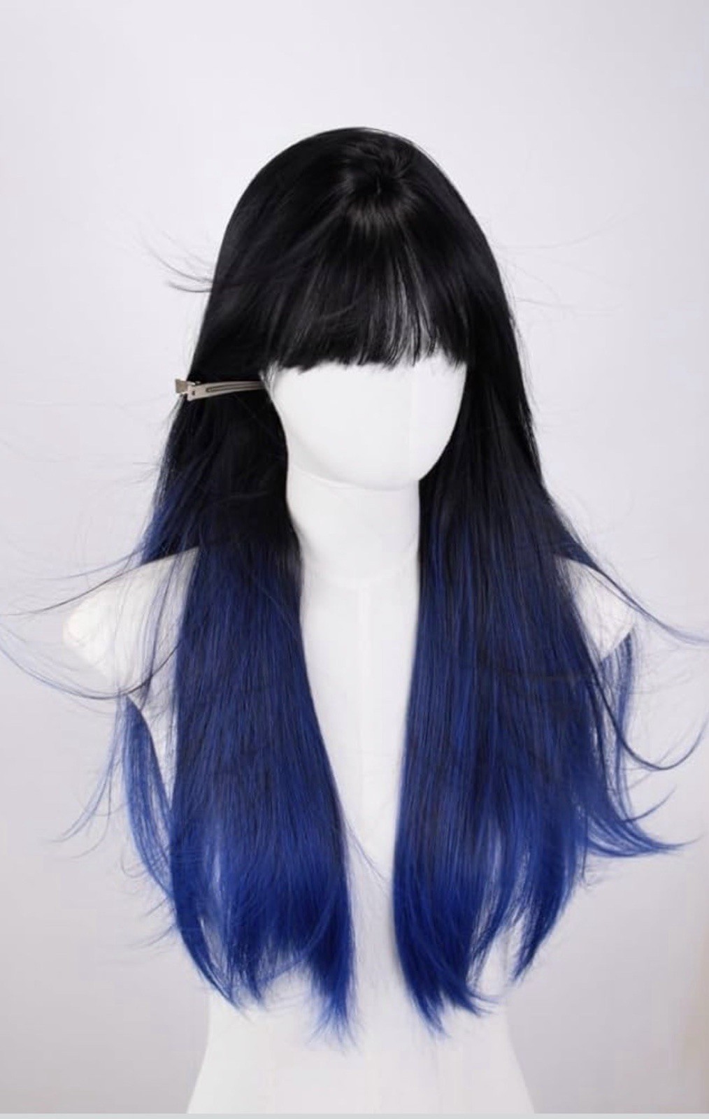 Cos Wig Ombré Blue Black Matte Straight Heat Resist Realistic Scalp + Cap Bangs
