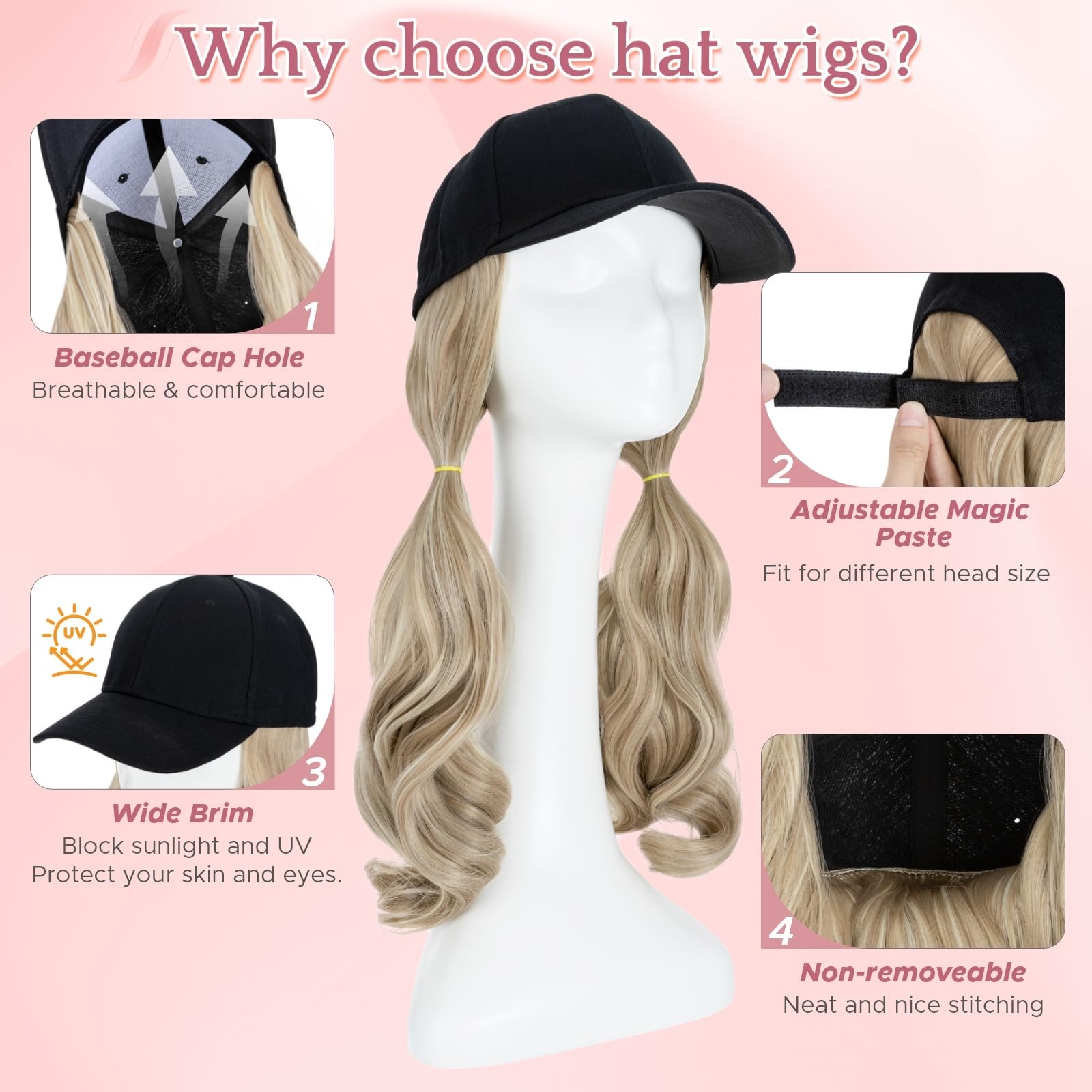 Hat Wig, Hat with Hair Attached for Women Black Baseball Cap with Hair Extens…