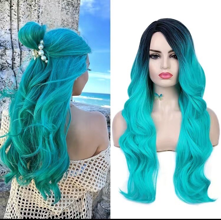 28” Ombré Dark Roots with Teal Wavy Mermaid Wig