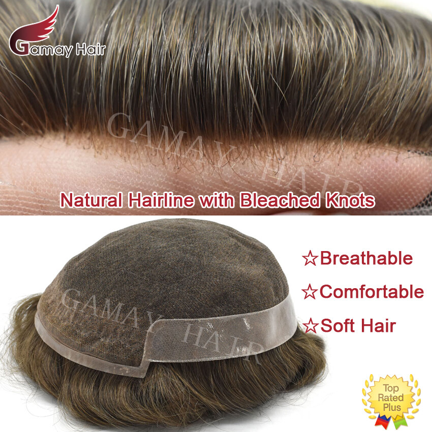 Mens Toupee French Lace Front Hairpiece Poly Skin PU Hair System Replacement Wig