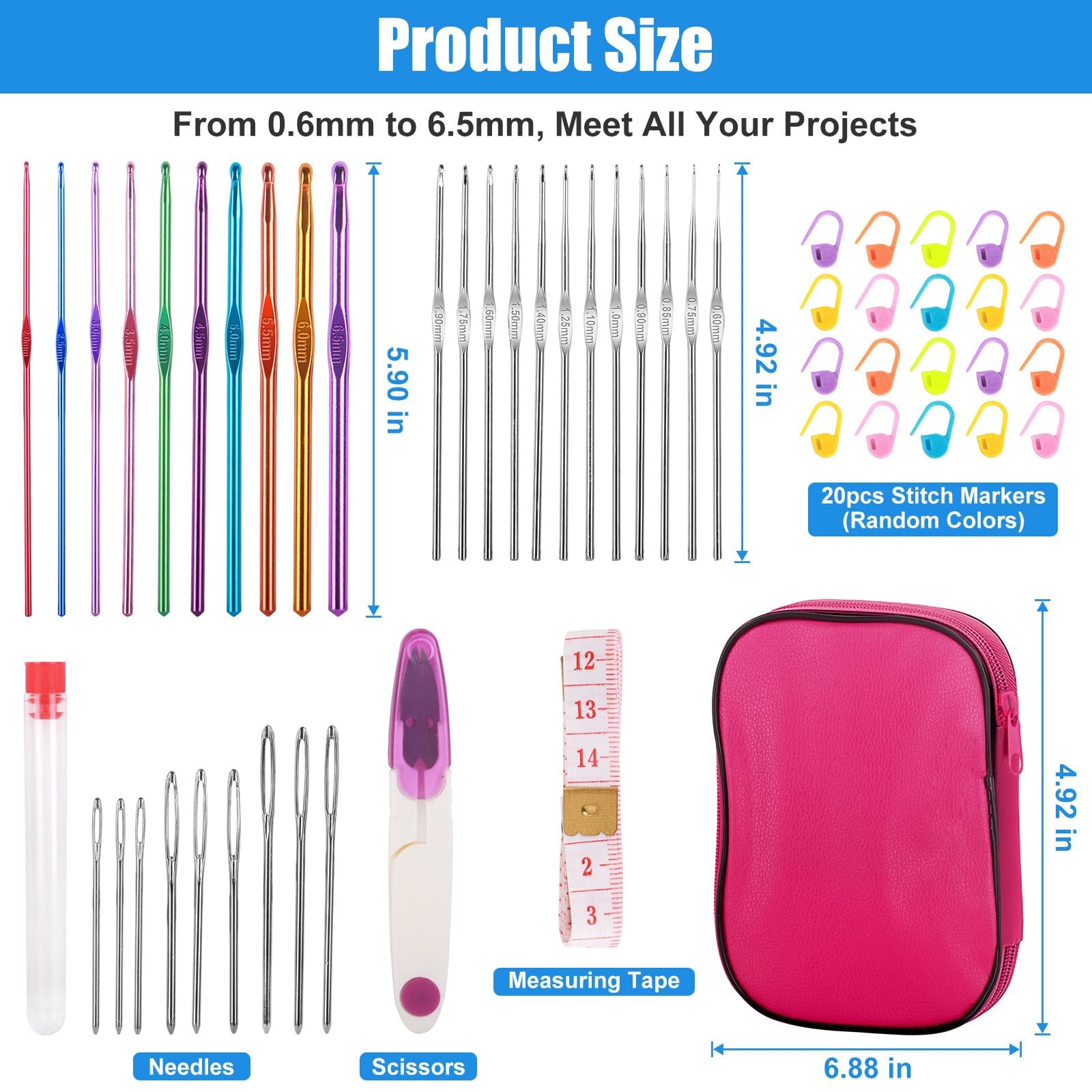 MECHEER Crochet Hooks Set, 54 Pack Needles 0.6Mm To 6.5Mm, Rose Red