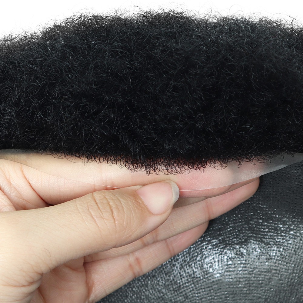 Mens Toupee Human Hair Afro Curl 6mm Poly Skin Black Hair Pieces #1
