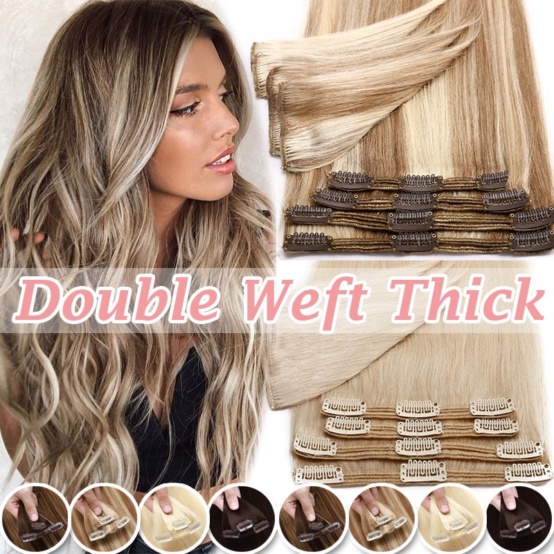 Extra Thick Double Weft Clip In Remy Human Hair Extensions Full Head Highlight W