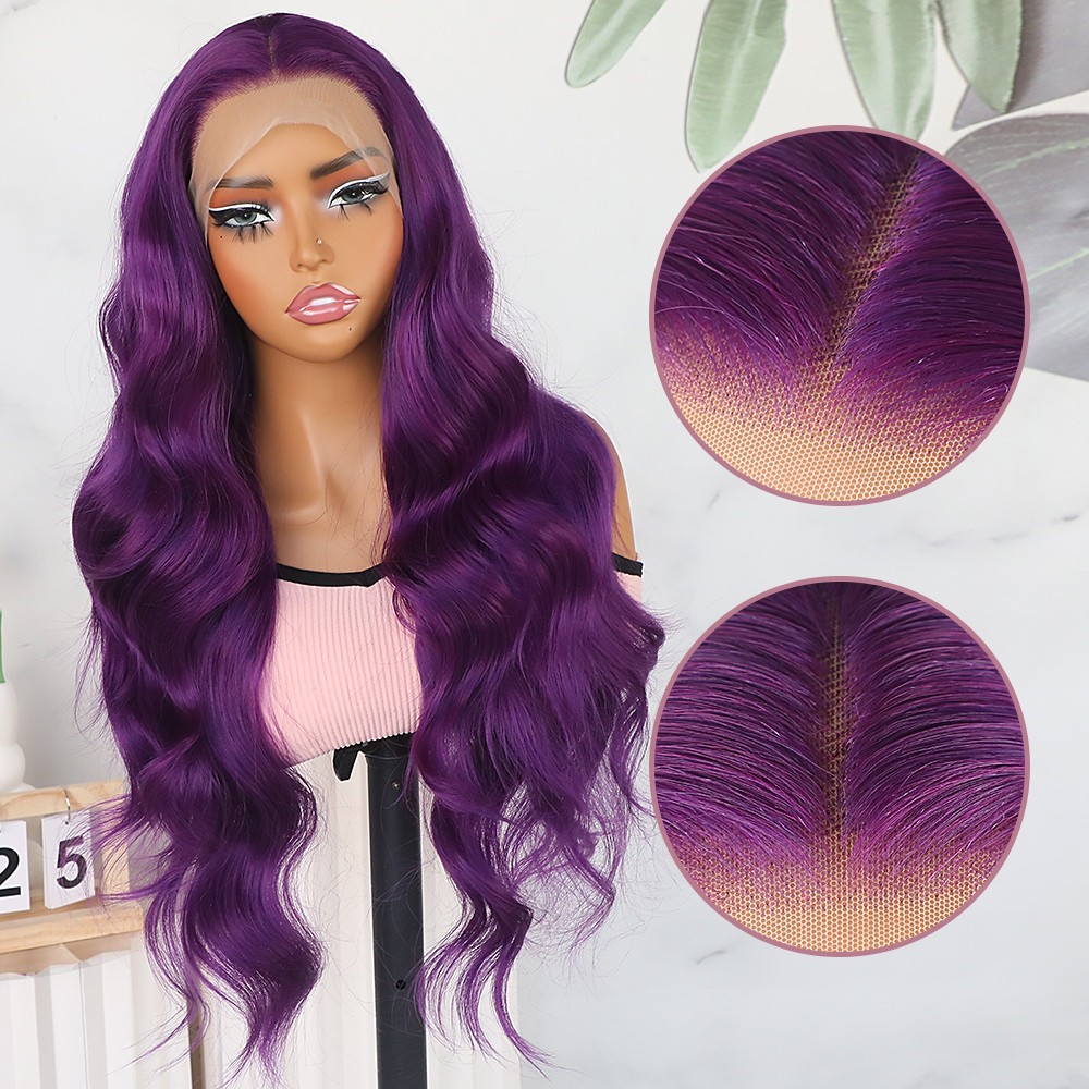 Frontal Lace Wigs Long Wavy Purple Hair Heat Resistant Soft Pre Plucked Hairline