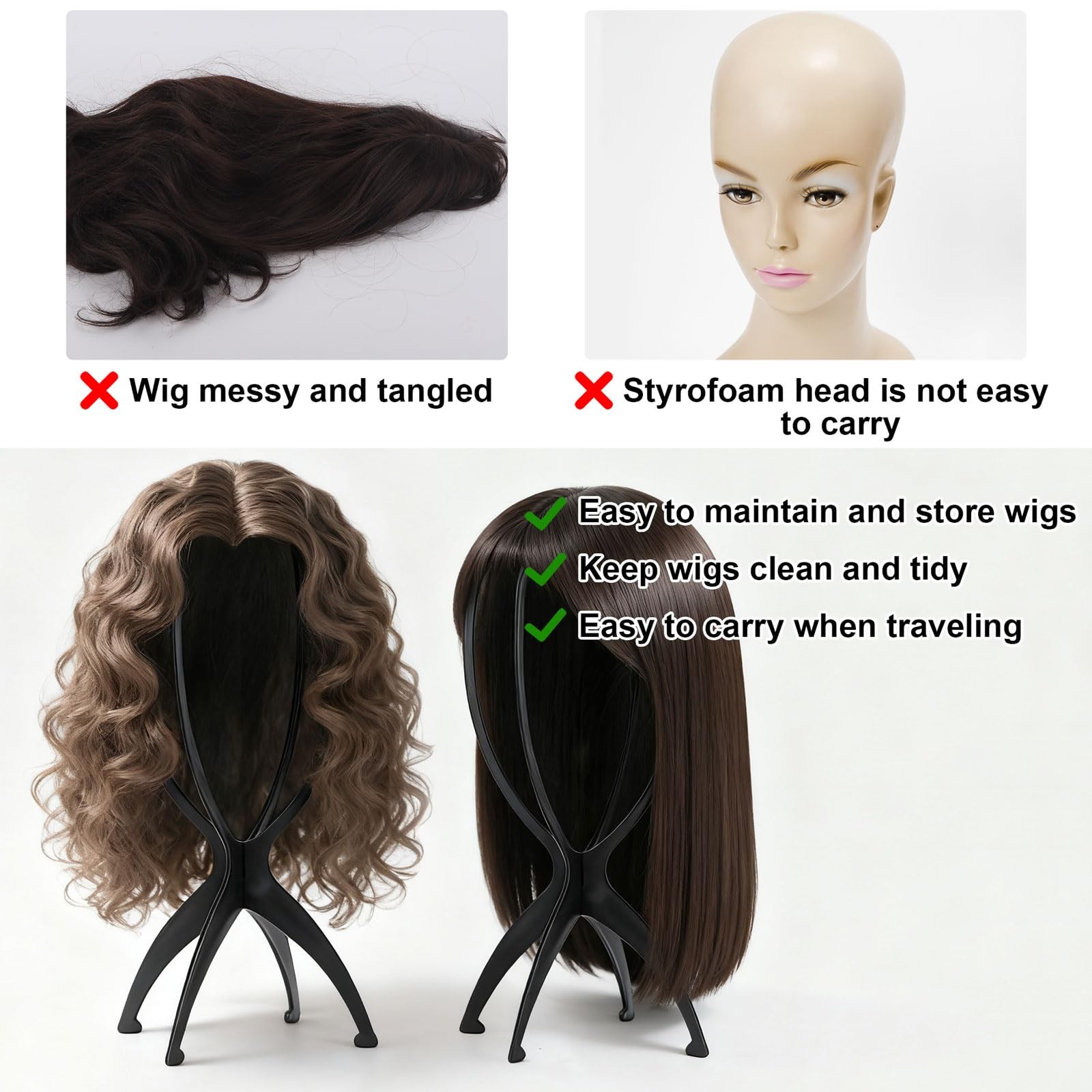Tecbeauty 4Pcs Wig Stand with 8Pcs Dust Bag, Portable Holder black